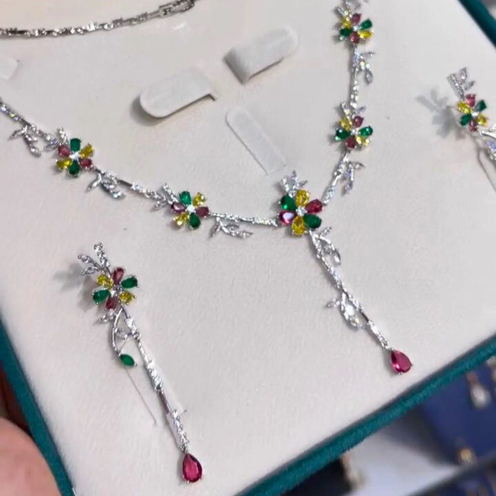Hallmark Silver Necklace Set with Multi Color Crystal Flower Pendant - Image 2