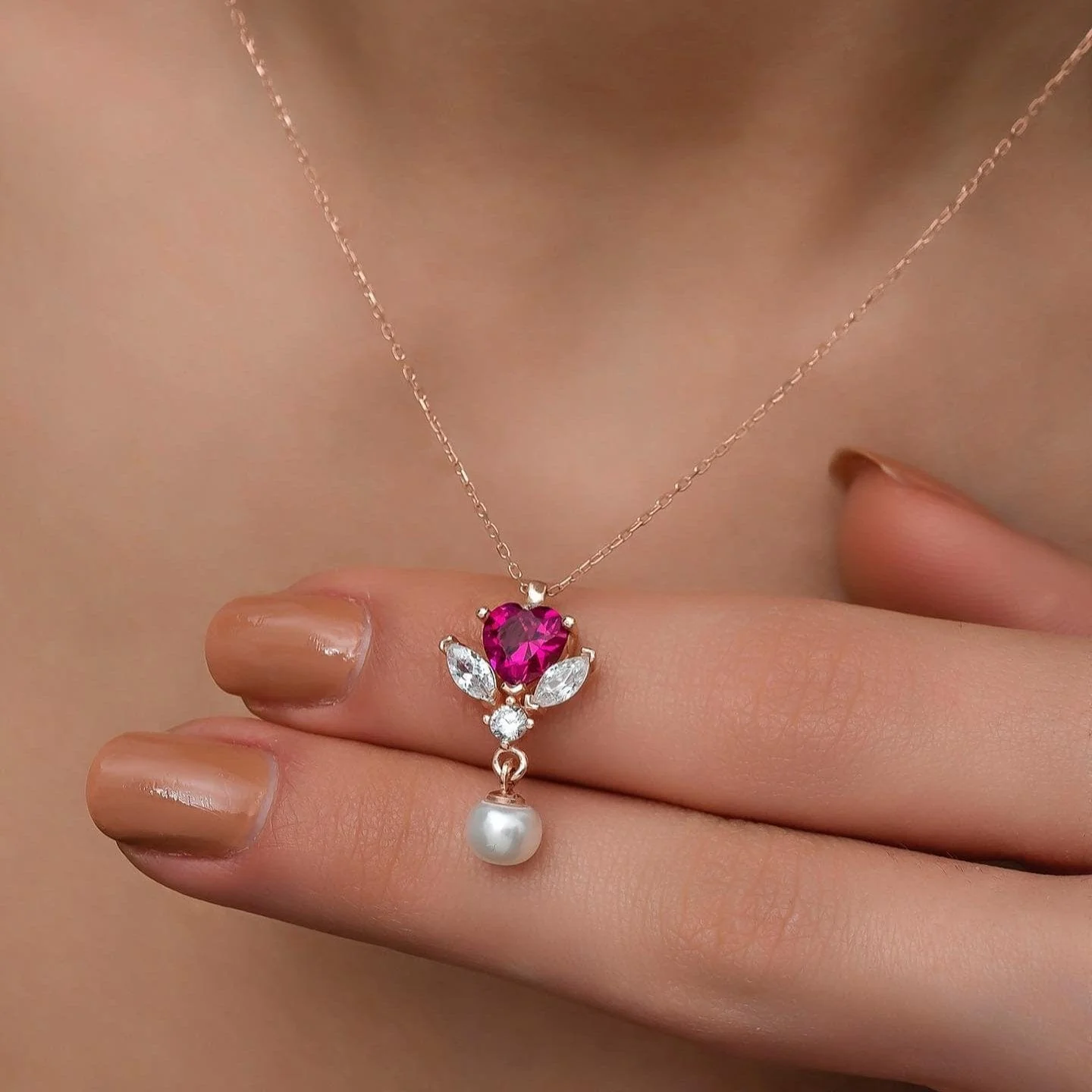Hallmark Silver Pearl Detail Pink Heart Rose Gold Necklace - Image 2