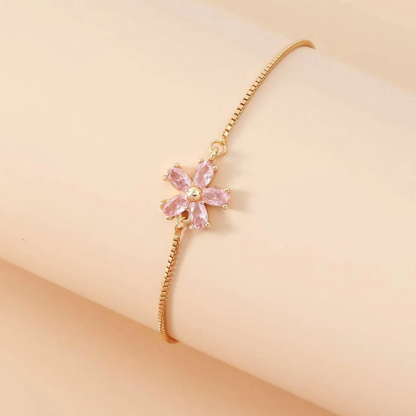 Hallmark Silver Pink Flower American Diamond Gold Plated Bracelet - Image 2