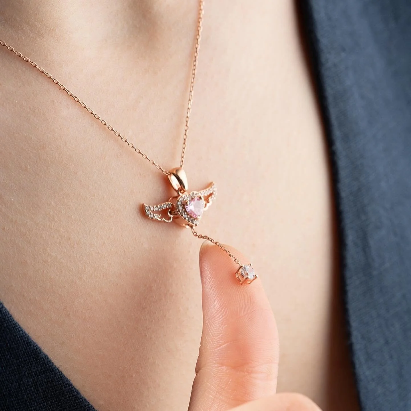 Hallmark Silver Rose Gold Plated Pink Winged Heart Necklace - Image 2