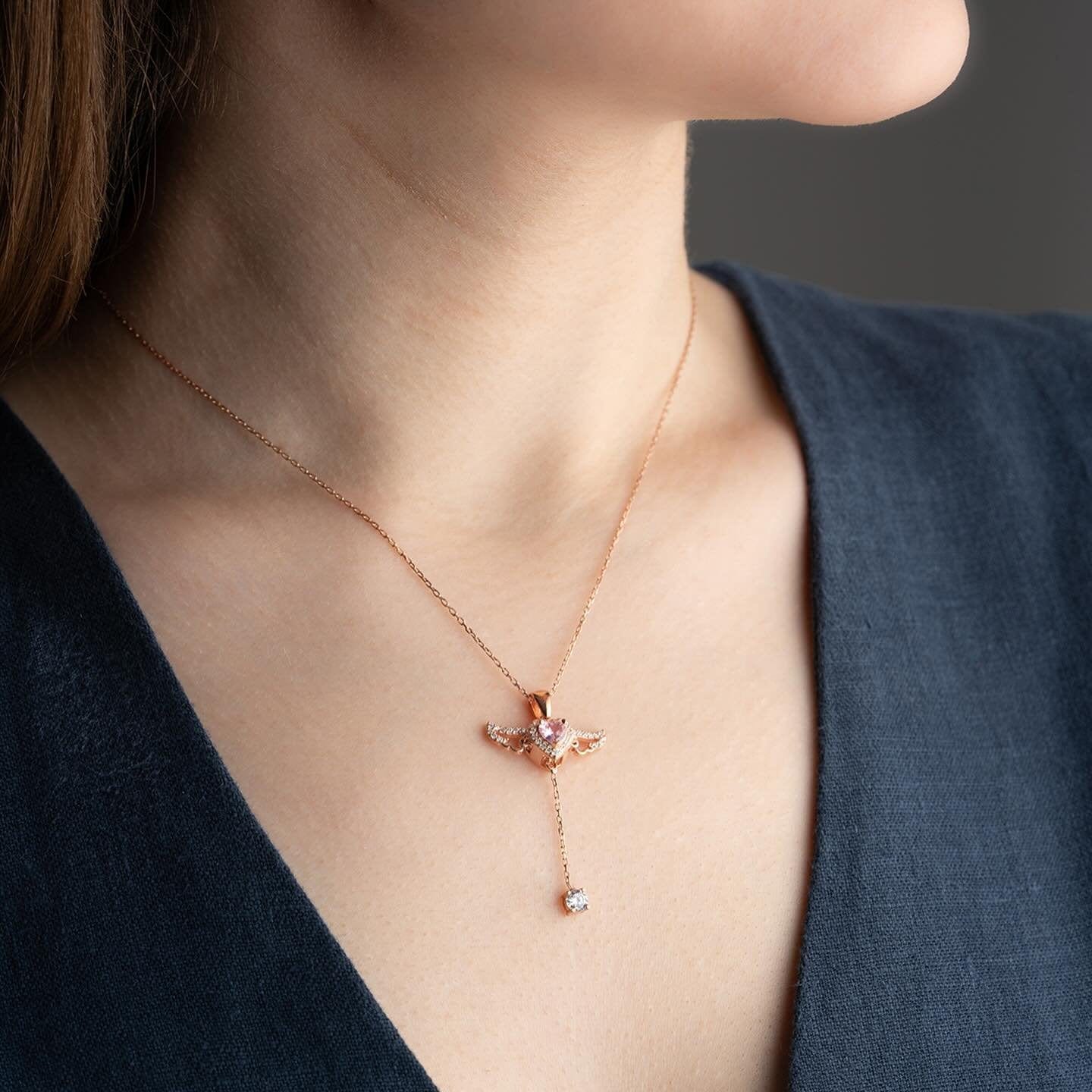 Hallmark Silver Rose Gold Plated Pink Winged Heart Necklace - Image 3