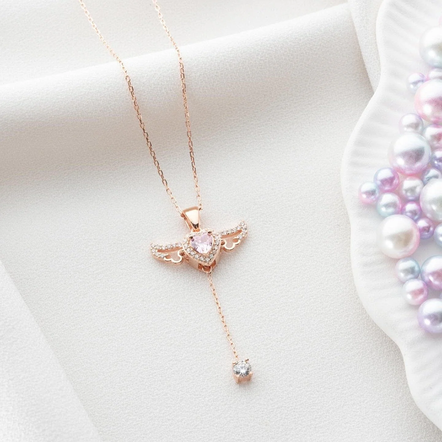 Hallmark Silver Rose Gold Plated Pink Winged Heart Necklace - Image 4