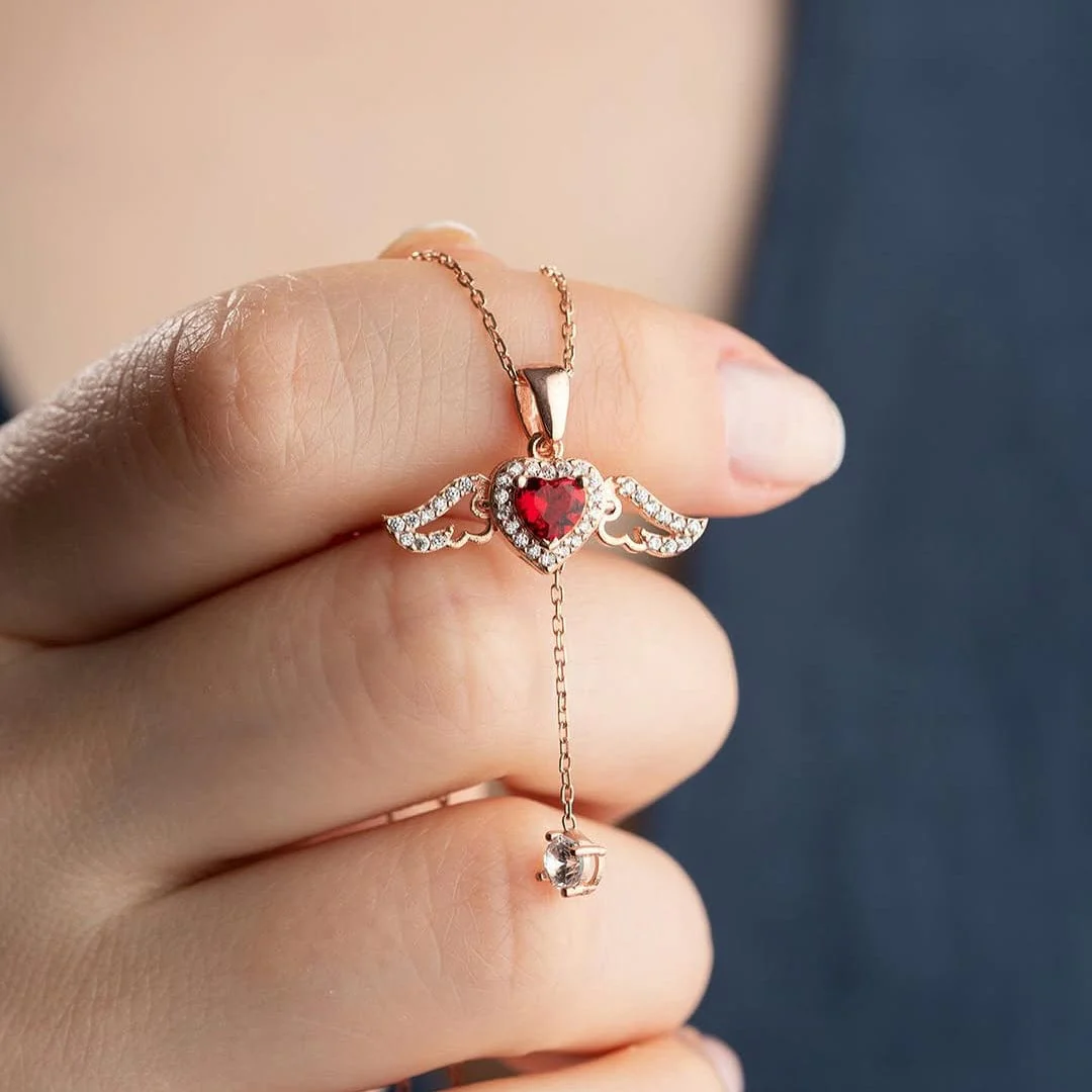 Hallmark Silver Rose Gold Plated Red Winged Heart Necklace
