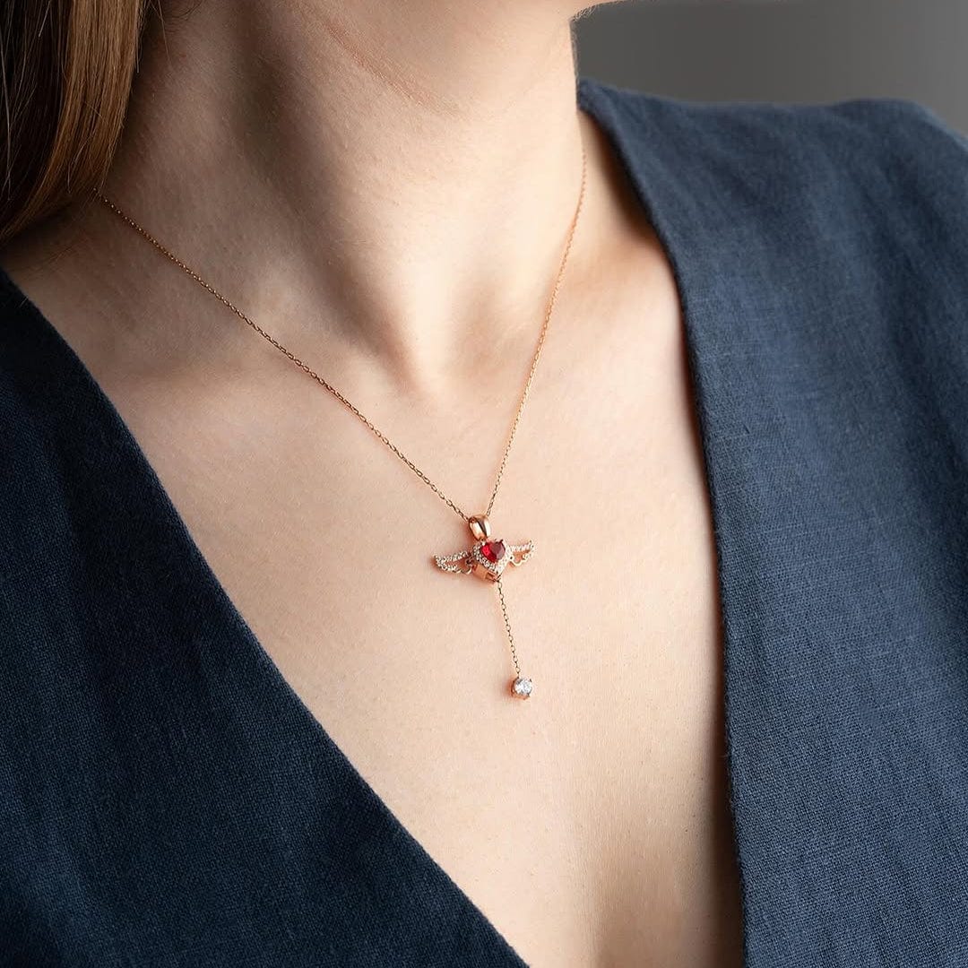 Hallmark Silver Rose Gold Plated Red Winged Heart Necklace - Image 3