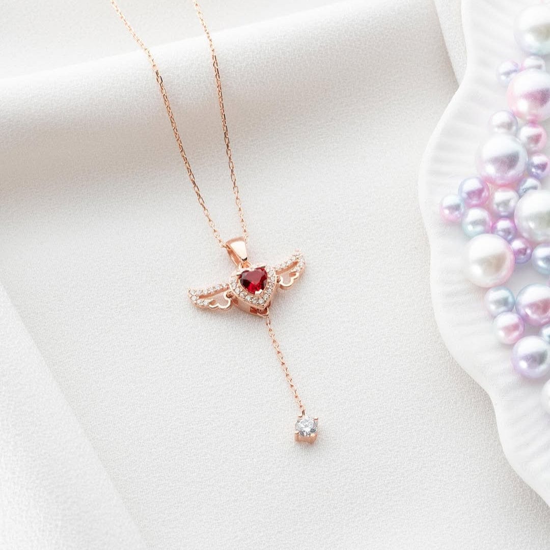 Hallmark Silver Rose Gold Plated Red Winged Heart Necklace - Image 4