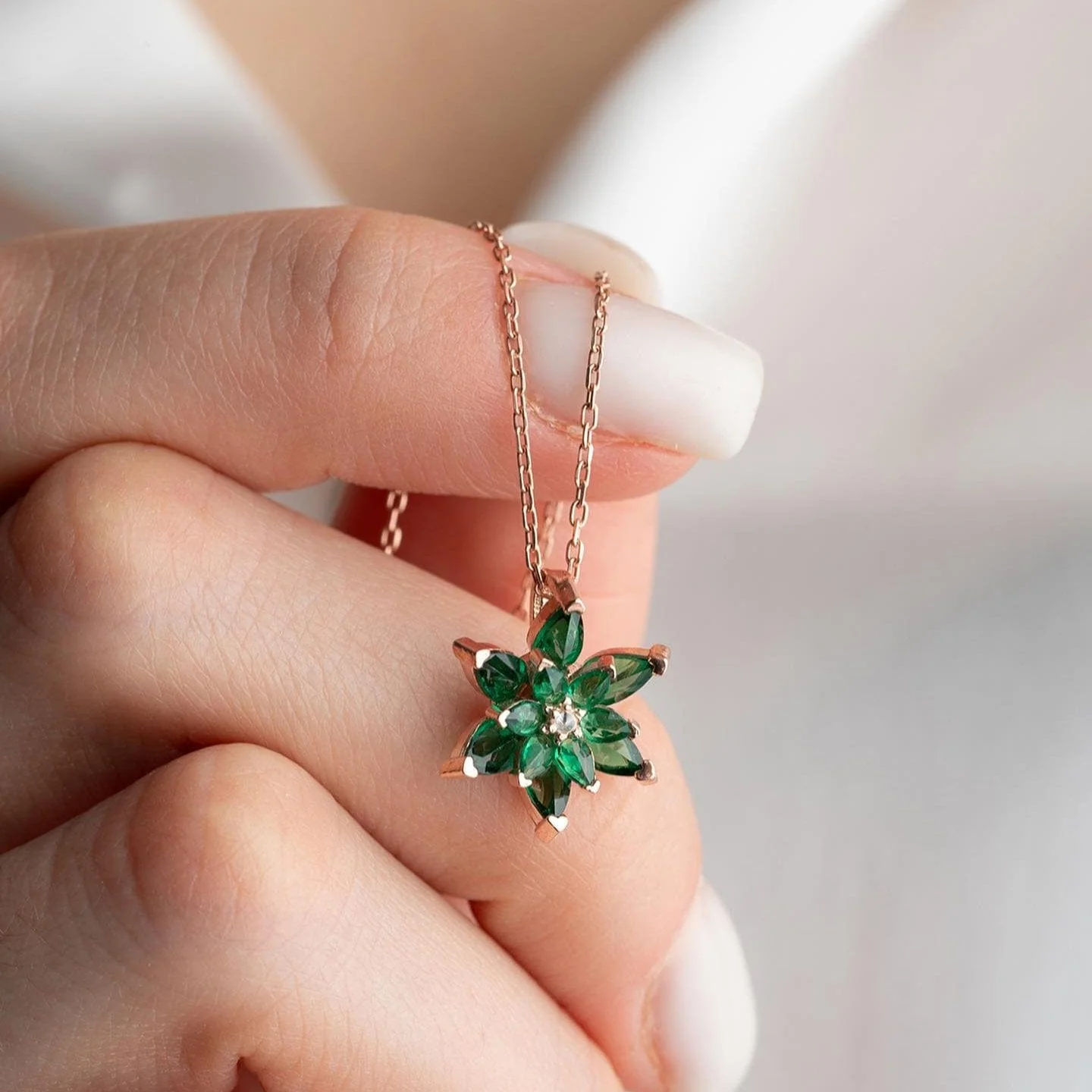 Hallmark Silver Sterling Rose Gold Green Lotus Flower Necklace - Image 2