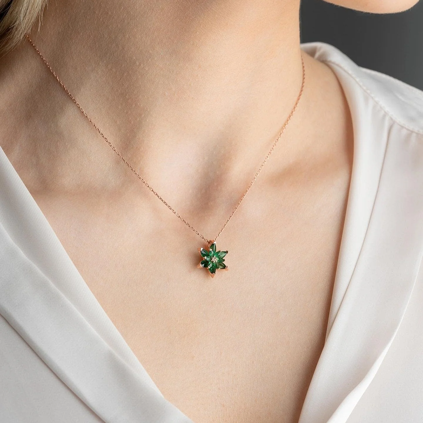 Hallmark Silver Sterling Rose Gold Green Lotus Flower Necklace - Image 3