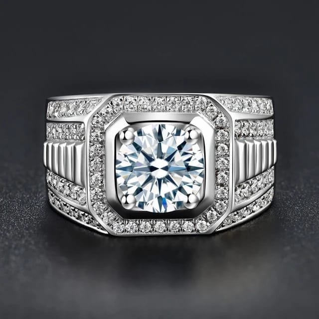 Hallmarked Elegant Silver Ring With Classic Diamond For Men - Image 3