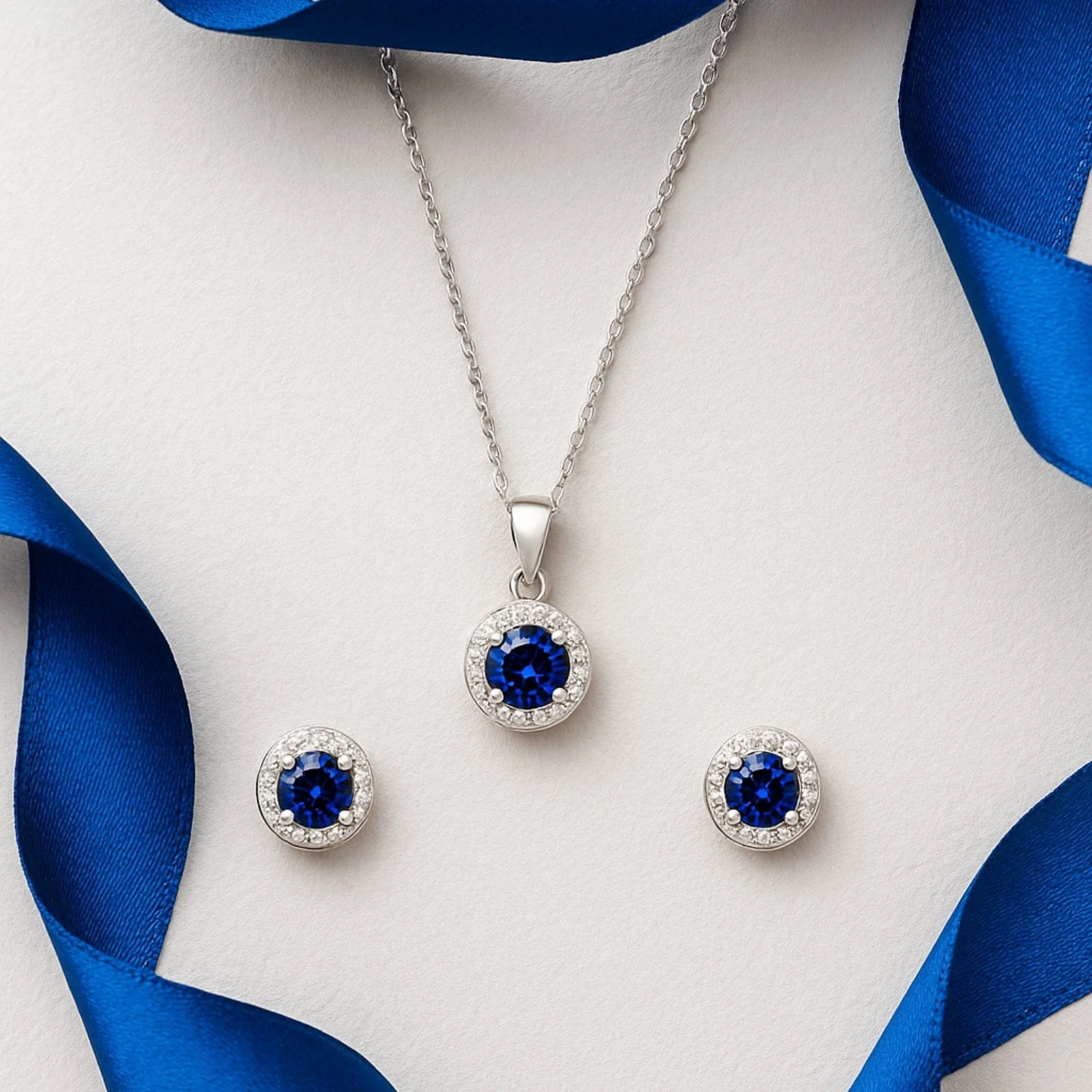 Zarkan Navy Blue Delight Dot Silver Jewelry Set